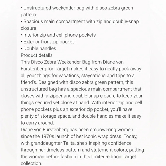 NWT DVF for Target Disco Zebra Green Weekender Bag - Picture 6 of 6